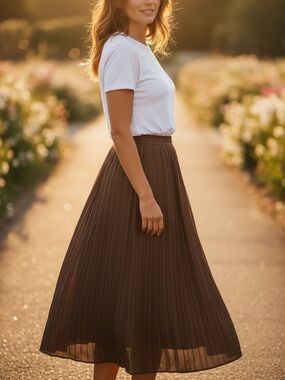 Pinky & Diane DIANNE Brown Pleated Skirt LARGE Long Length Maxi Plain